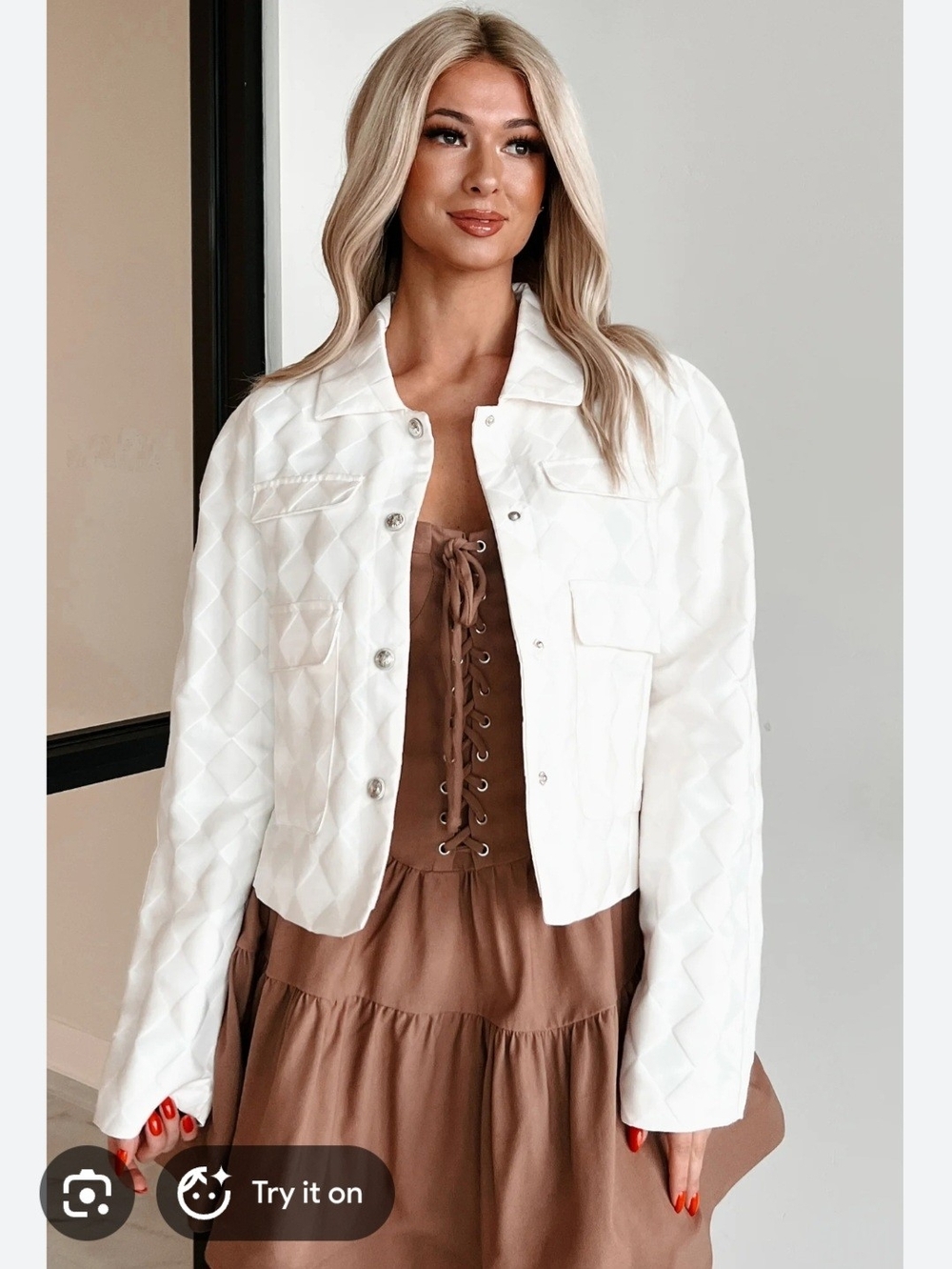 White Quilted Snap-Front Bomber Jacket